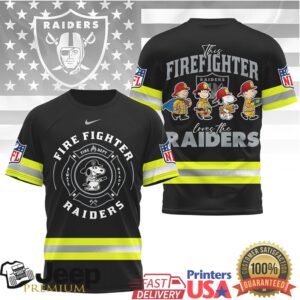 NFL Las Vegas Raiders Firefighter Snoopy Peanuts Squad Graphic Tee NFL Las Vegas Raiders Firefighter Snoopy Peanuts Squad Graphic Tee