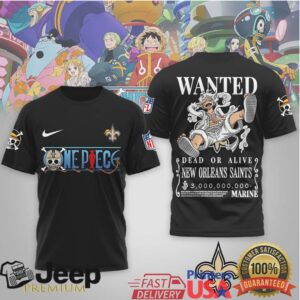 New Orleans Saints x One Piece Luffy Gear 5 Wanted Poster T Shirt New Orleans Saints x One Piece Luffy Gear 5 Wanted Poster T Shirt