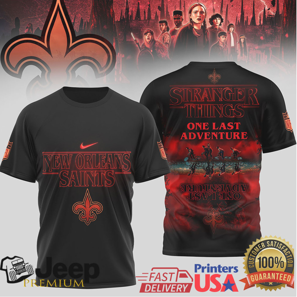 New Orleans Saints x Stranger Things One Last Adventure Black T Shirt New Orleans Saints x Stranger Things One Last Adventure Black T Shirt