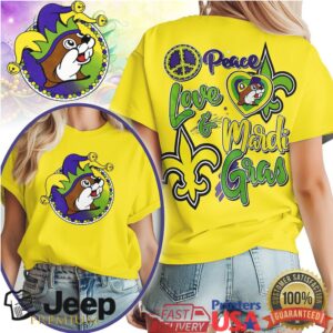Peace Love & Mardi Gras Buc ee’s Shirt New Orleans Festival Beaver Tee Peace Love & Mardi Gras Buc ee’s Shirt New Orleans Festival Beaver Tee