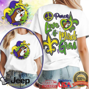 Peace Love & Mardi Gras Buc ee's Shirt New Orleans Festival Beaver Tee