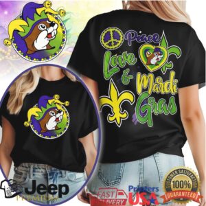 Peace Love & Mardi Gras Buc ee's Shirt New Orleans Festival Beaver Tee