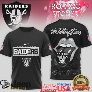 Rolling Stones x Las Vegas Raiders Silver & Black Rock T Shirt NFL Classic Mashup Rolling Stones x Las Vegas Raiders Silver & Black Rock T Shirt NFL Classic Mashup