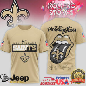 Rolling Stones x New Orleans Saints Gold Tongue T Shirt Fleur de lis Rock Mashup