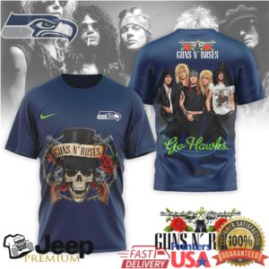 Seattle Seahawks x Guns N’ Roses “Go Hawks” Rock Graphic T Shirt Seattle Seahawks x Guns N’ Roses “Go Hawks” Rock Graphic T Shirt
