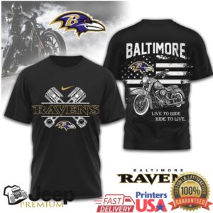 Baltimore Ravens Biker T Shirt Motorcycle Pistons Ride To Live Graphic