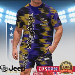 Baltimore Ravens Custom Name Personalized Apparel Purple & Gold Glitch Graphic Set Baltimore Ravens Custom Name Personalized Apparel Purple & Gold Glitch Graphic Set