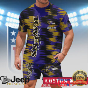 Baltimore Ravens Custom Name Personalized Apparel Purple & Gold Glitch Graphic Set