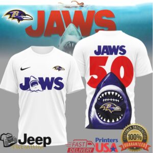 Baltimore Ravens Jaws 50th Anniversary Shark Attack Graphic T Shirt Baltimore Ravens Jaws 50th Anniversary Shark Attack Graphic T Shirt