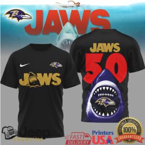 Baltimore Ravens Jaws 50th Anniversary Shark Attack Graphic T Shirt