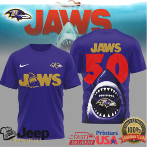 Baltimore Ravens Jaws 50th Anniversary Shark Attack Graphic T Shirt