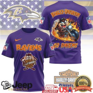 Baltimore Ravens x Harley Davidson Taz Biker Flame NFL Fusion T Shirt