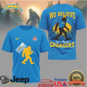 Bigfoot We Believe Los Angeles Chargers Forest Graphic T Shirt Bigfoot We Believe Los Angeles Chargers Forest Graphic T Shirt