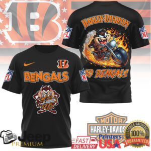 Cincinnati Bengals x Harley Davidson Taz Motorbike NFL Fusion Graphic T Shirt Cincinnati Bengals x Harley Davidson Taz Motorbike NFL Fusion Graphic T Shirt