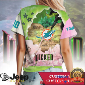 Custom Name Miami Dolphins Wicked Movie Mashup T Shirt Elphaba & Glinda Design