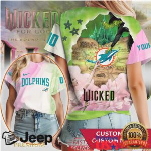 Custom Name Miami Dolphins Wicked Movie Mashup T Shirt Elphaba & Glinda Design