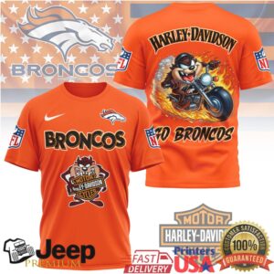 Denver Broncos x Harley Davidson Taz Motorcycle Flame NFL Mashup T Shirt