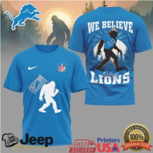 Detroit Lions Bigfoot Sasquatch “We Believe” Blue Graphic T Shirt