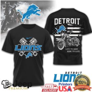 Detroit Lions Biker Shirt Lions Live to Ride Motorcycle Piston & Flag Graphic T Shirt