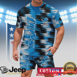 Detroit Lions Custom Name Personalized Apparel Set Silver & Blue Glitch T Shirt & Shorts