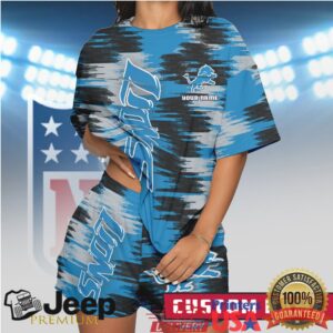 Detroit Lions Custom Name Personalized Apparel Set Silver & Blue Glitch T Shirt & Shorts