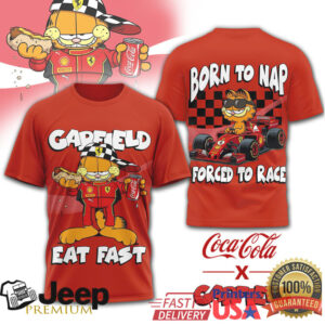 Garfield x Coca Cola Ferrari F1 Racing Born To Nap Forced To Race T Shirt Garfield x Coca Cola Ferrari F1 Racing Born To Nap Forced To Race T Shirt