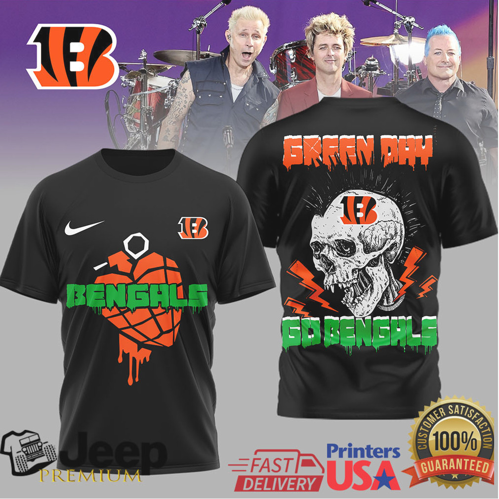 Green Day x Cincinnati Bengals Punk Skull Heart Grenade T Shirt Green Day x Cincinnati Bengals Punk Skull Heart Grenade T Shirt