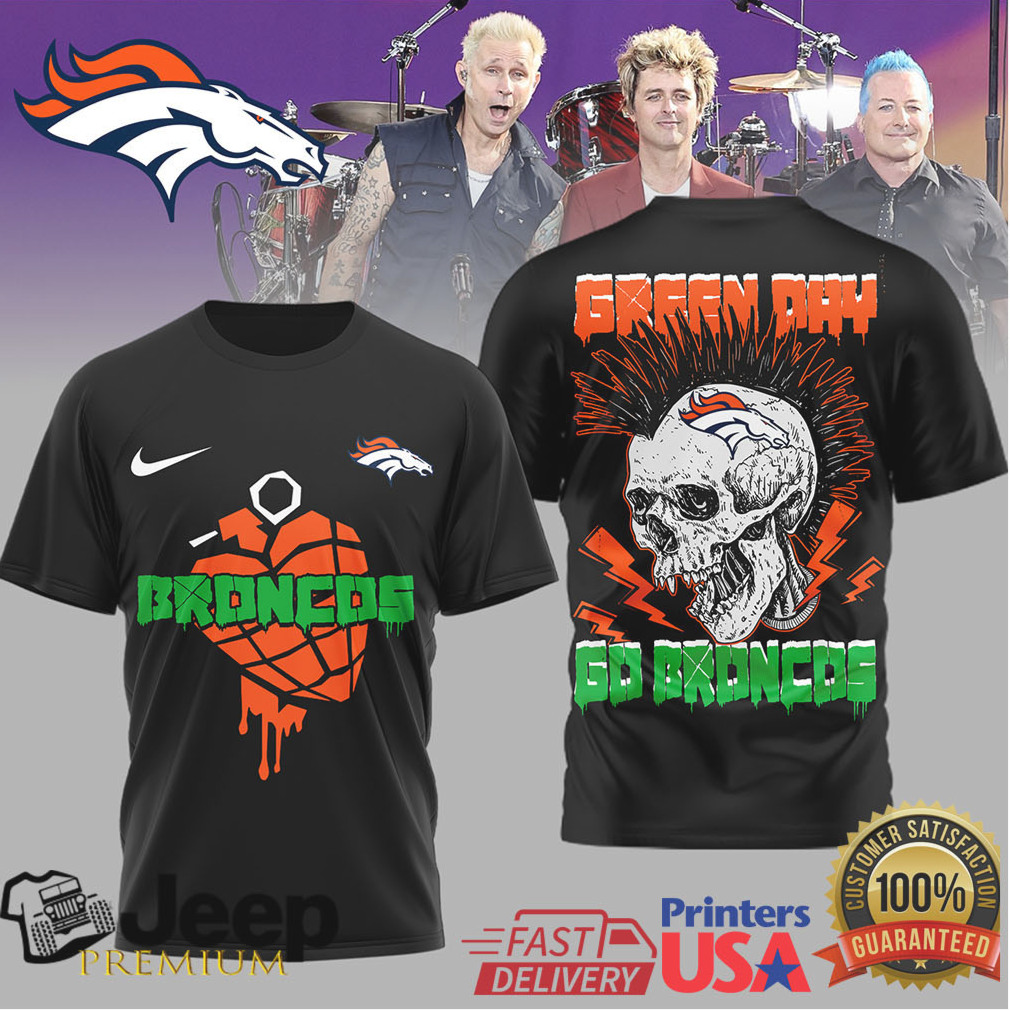 Green Day x Denver Broncos Punk Rock Skull Graphic Football T Shirt Green Day x Denver Broncos Punk Rock Skull Graphic Football T Shirt