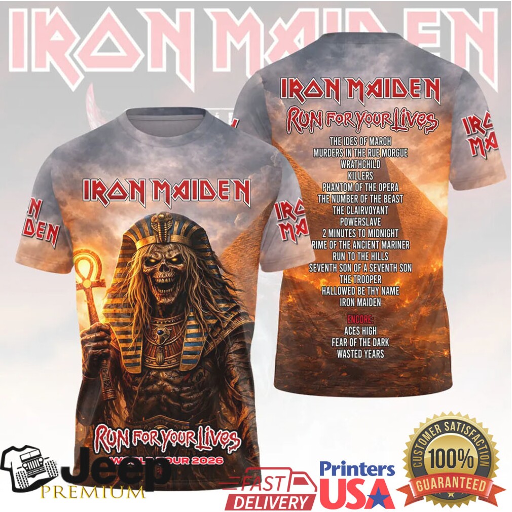Iron Maiden Run For Your Lives Pharaoh Eddie Egyptian 2026 World Tour T Shirt Iron Maiden Run For Your Lives Pharaoh Eddie Egyptian 2026 World Tour T Shirt