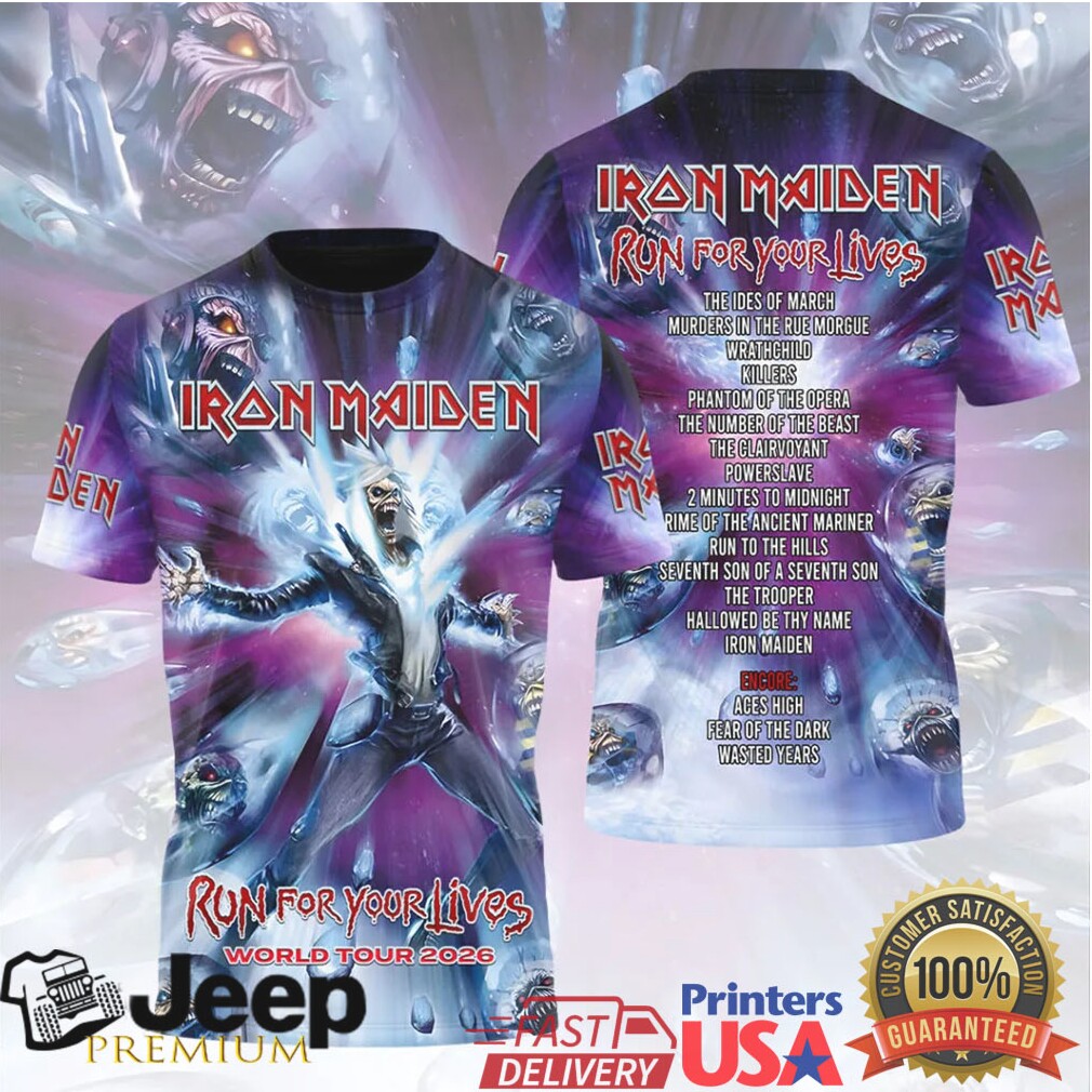 Iron Maiden Run For Your Lives World Tour 2026 Electric Eddie Blue T Shirt Iron Maiden Run For Your Lives World Tour 2026 Electric Eddie Blue T Shirt
