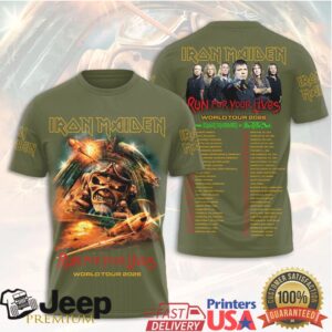 Iron Maiden Run For Your Lives World Tour 2026 Olive Military T Shirt