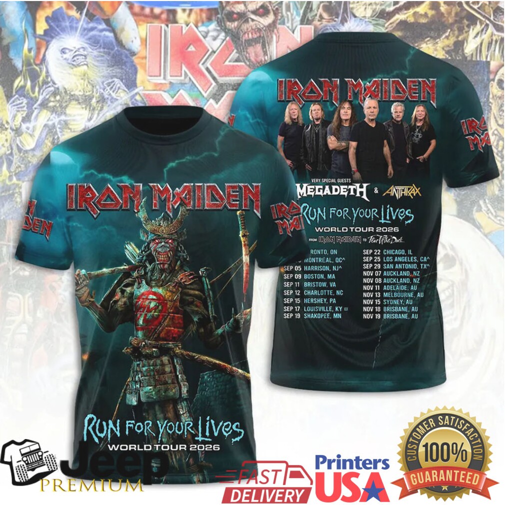 Iron Maiden x Megadeth x Anthrax Run For Your Lives 2026 Samurai World Tour T Shirt Iron Maiden x Megadeth x Anthrax Run For Your Lives 2026 Samurai World Tour T Shirt