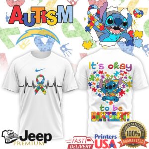 LA Chargers Stitch Autism Awareness Ribbon Heart Graphic T Shirt