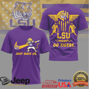 LSU Tigers Just Hate Us Dabbing Mascot Purple & Gold Fan T Shirt LSU Tigers Just Hate Us Dabbing Mascot Purple & Gold Fan T Shirt