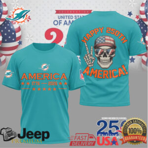 Miami Dolphins America 250th Anniversary Patriotic Skull Teal T Shirt