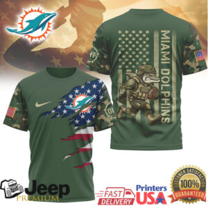 Miami Dolphins Patriotic Military T Shirt Dolphins Mascot Soldier & US Flag