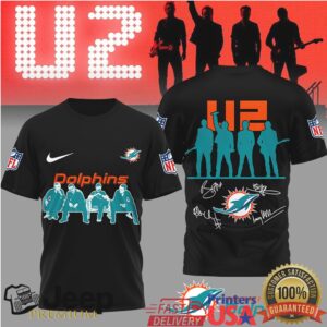 Miami Dolphins x U2 Band Signature Silhouette NFL Fan T Shirt Miami Dolphins x U2 Band Signature Silhouette NFL Fan T Shirt