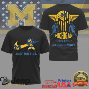 Michigan Wolverines Just Hate Us Punisher Skull Football Graphic T Shirt Michigan Wolverines Just Hate Us Punisher Skull Football Graphic T Shirt