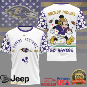 Mickey Mouse Baltimore Ravens Checkered Sleeve NFL T Shirt