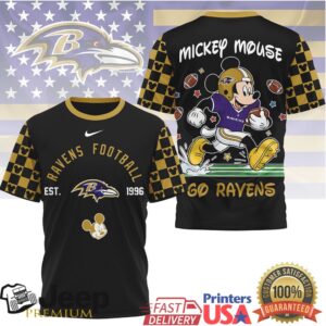 Mickey Mouse Baltimore Ravens Checkered Sleeve NFL T Shirt