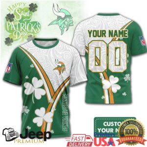 Minnesota Vikings Custom Name St. Patrick's Day Green & White Clover T Shirt
