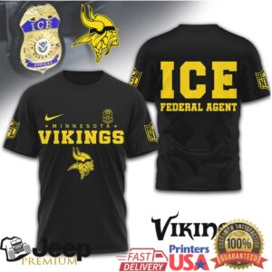 Minnesota Vikings ICE Federal Agent Gold Graphic Black T Shirt Minnesota Vikings ICE Federal Agent Gold Graphic Black T Shirt