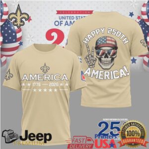New Orleans Saints America 250th Anniversary Patriotic Skull Gold T Shirt New Orleans Saints America 250th Anniversary Patriotic Skull Gold T Shirt