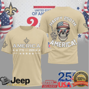 New Orleans Saints America 250th Anniversary Patriotic Skull Gold T Shirt