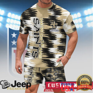New Orleans Saints Custom Name Personalized T Shirt and Shorts Set Gold Brush Pattern