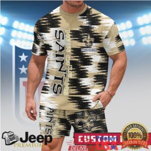 New Orleans Saints Custom Name Personalized T Shirt and Shorts Set Gold Brush Pattern