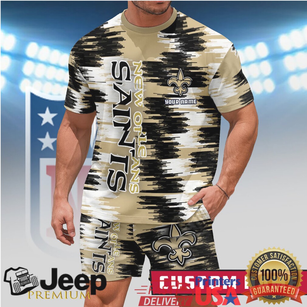 New Orleans Saints Custom Name Personalized T Shirt and Shorts Set Gold Brush Pattern New Orleans Saints Custom Name Personalized T Shirt and Shorts Set Gold Brush Pattern