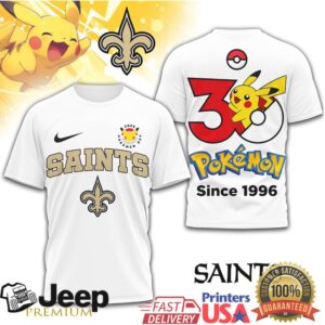 New Orleans Saints x Pokémon Pikachu 30th Anniversary T Shirt Since 1996