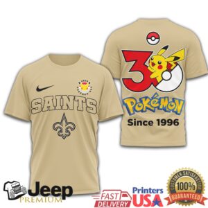 New Orleans Saints x Pokémon Pikachu 30th Anniversary T Shirt Since 1996