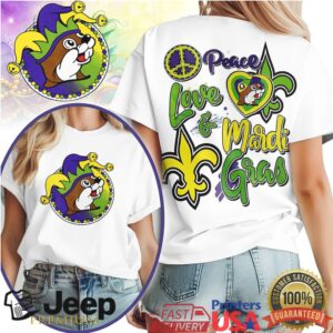 Peace Love & Mardi Gras Buc ee’s Jester Logo T Shirt Peace Love & Mardi Gras Buc ee’s Jester Logo T Shirt